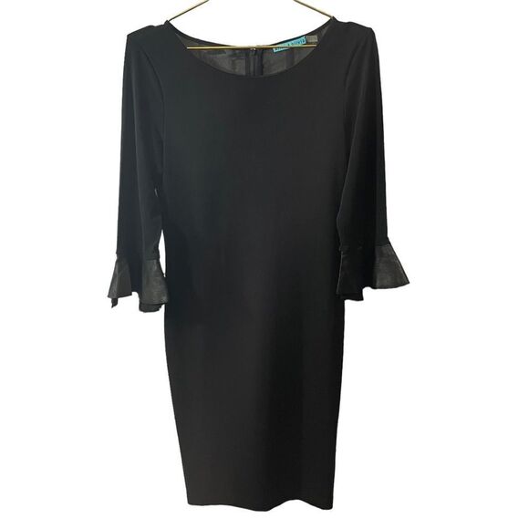 Alice & Olivia Black Lamb Leather Cuff Bell Sleeve Raw Edge Hem Dress Size L - Picture 1 of 12